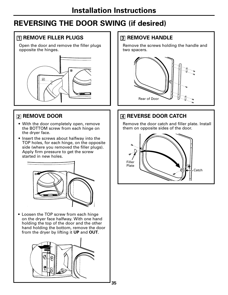 Reversing the door swing, Reversing the door swing , 36, Installation instructions | Reversing the door swing (if desired) | GE DPGT750 User Manual | Page 35 / 44