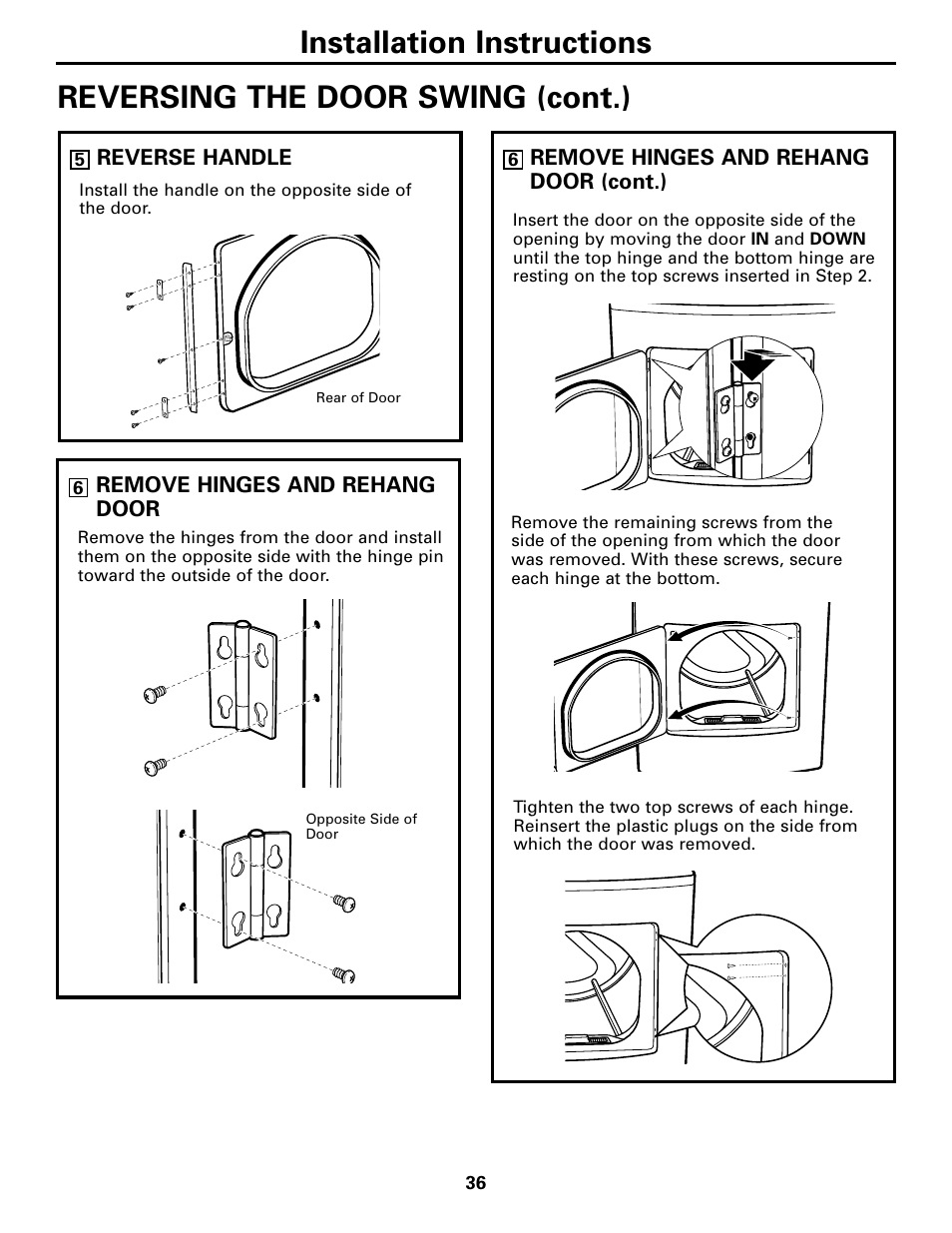 Installation instructions, Reversing the door swing (cont.) | GE DPGT750 User Manual | Page 36 / 44