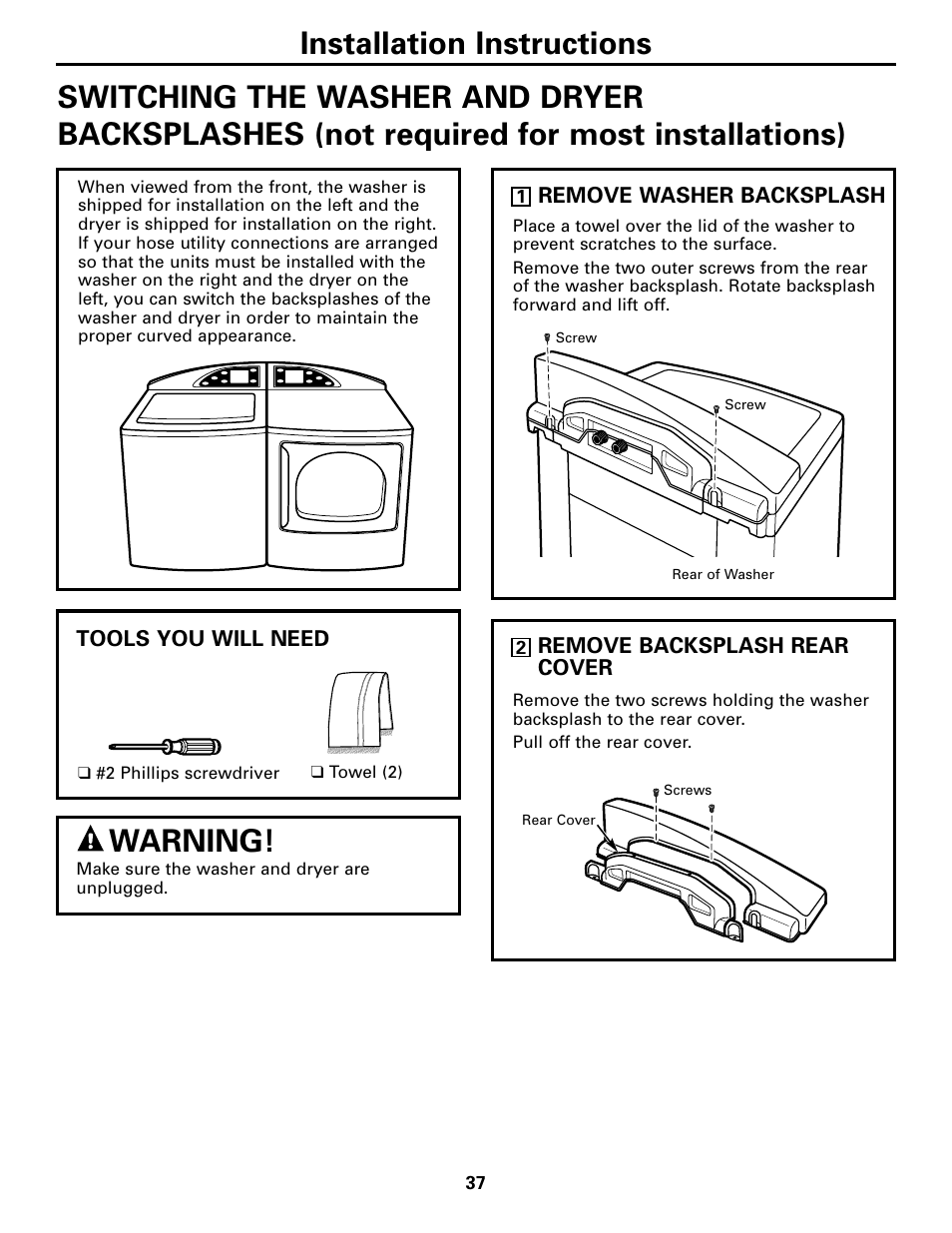 Switching the washer and dryer backsplashes, Switching the washer and dryer backsplashes –40, Warning | GE DPGT750 User Manual | Page 37 / 44