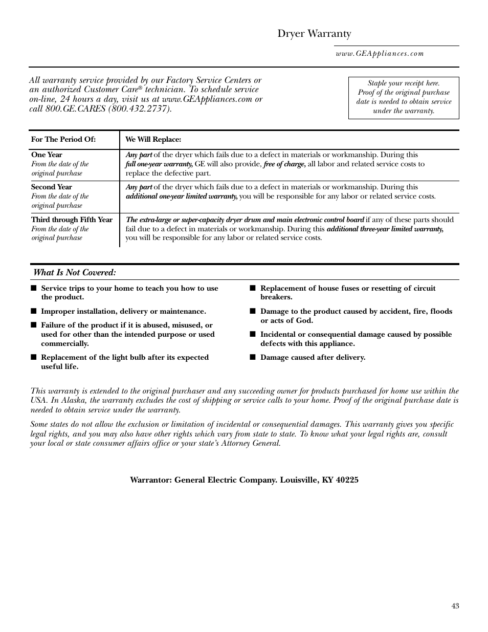 Warranty, Dryer warranty | GE DPGT750 User Manual | Page 43 / 44