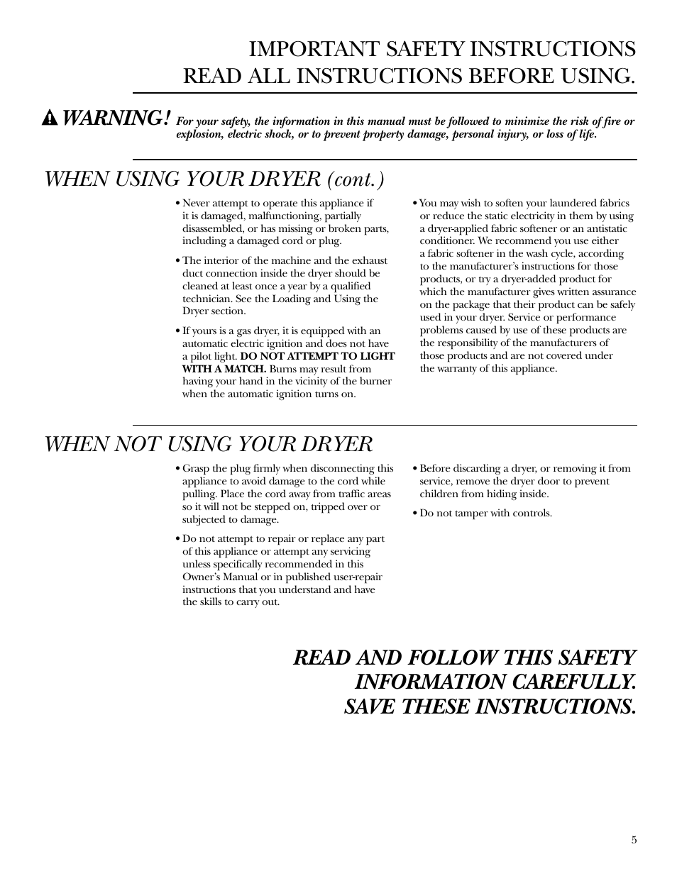 When not using your dryer | GE DPGT750 User Manual | Page 5 / 44