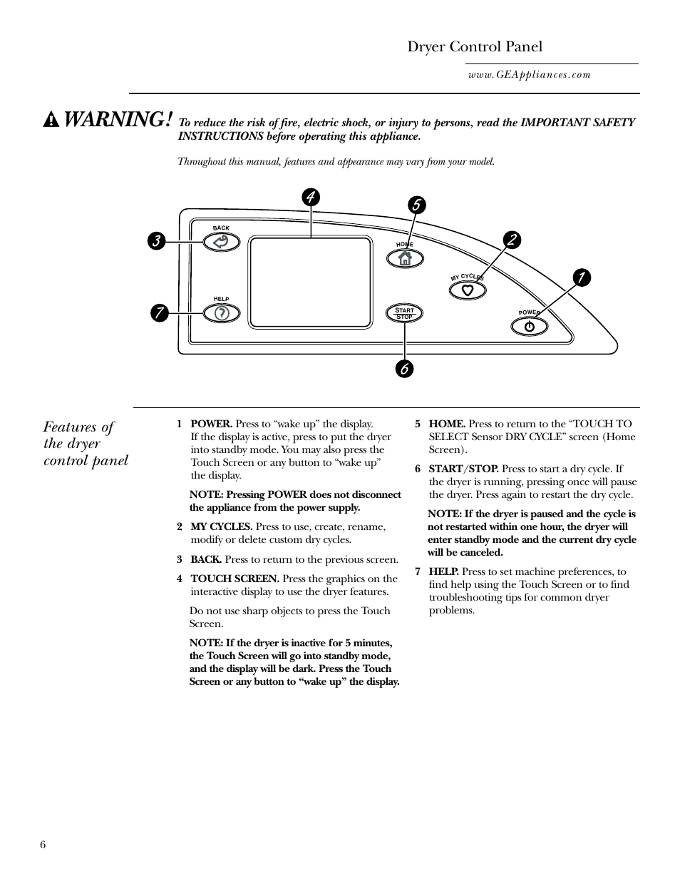 Controls, Warning, Dryer control panel | Features of the dryer control panel | GE DPGT750 User Manual | Page 6 / 44