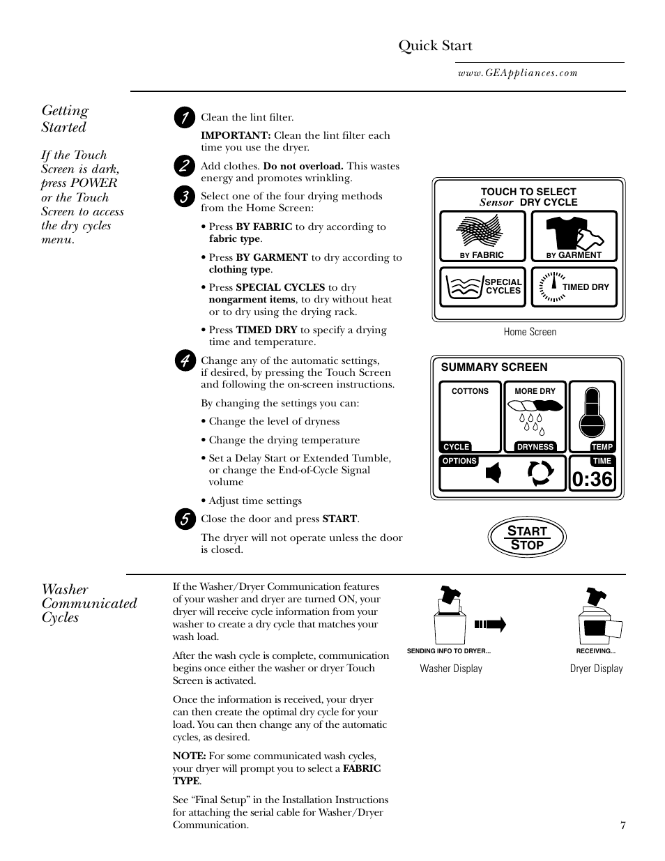 Quick start guide, Quick start, Getting started | Washer communicated cycles | GE DPGT750 User Manual | Page 7 / 44