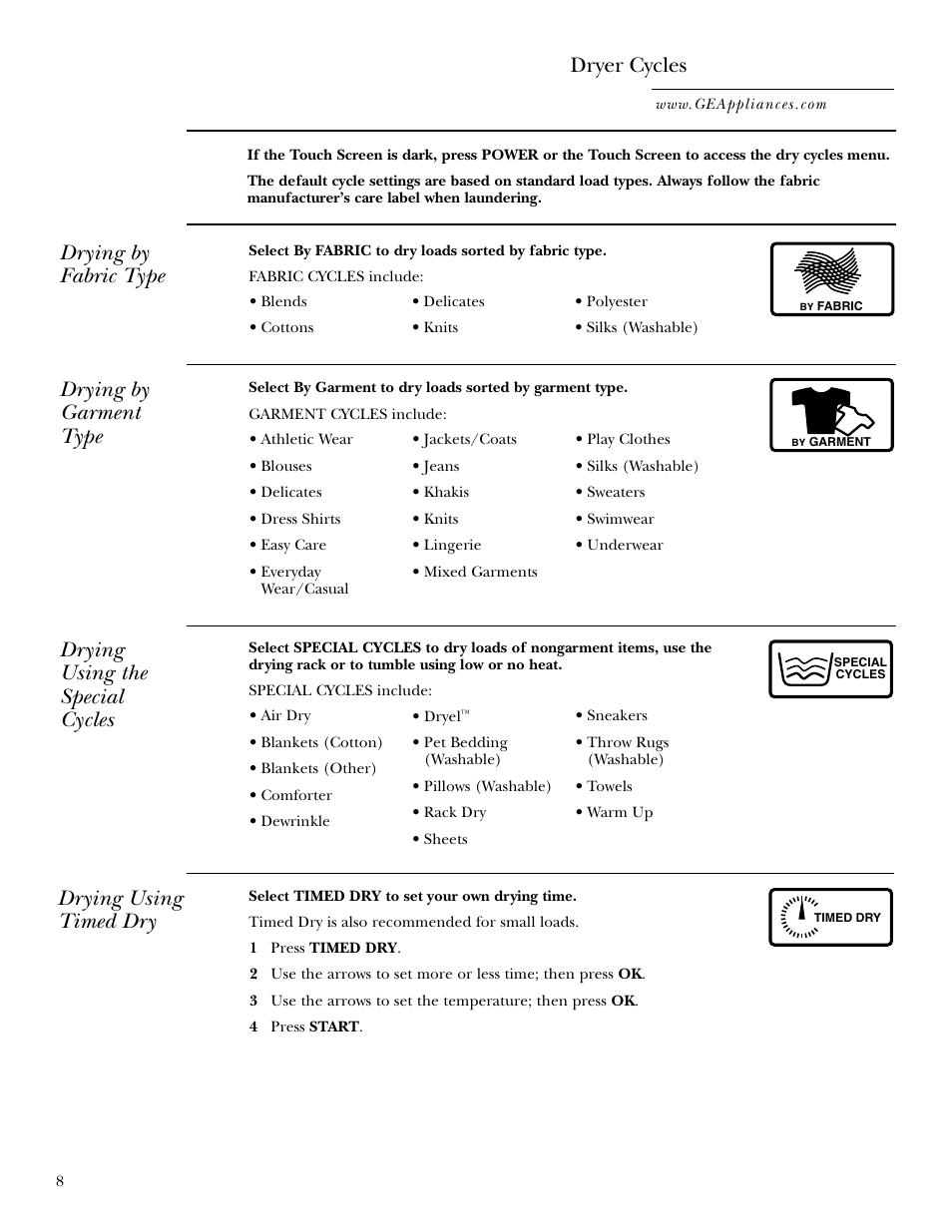 Cycle options, Drying by fabric type, Drying by garment type | Drying using timed dry, Drying using the special cycles, Dryer cycles | GE DPGT750 User Manual | Page 8 / 44