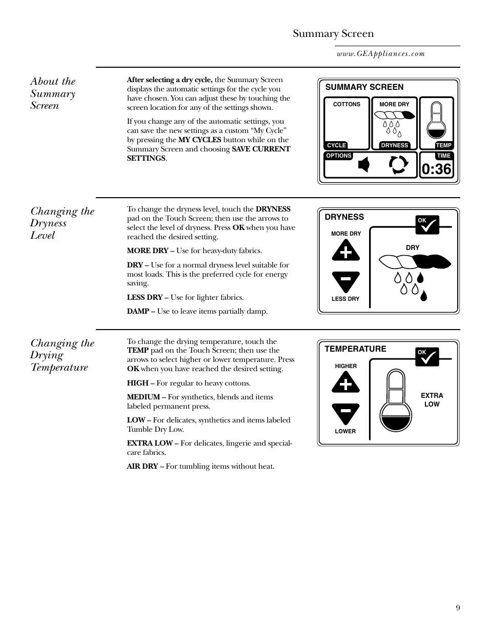 Summary screen, Summary screen , 10, About the summary screen | Changing the dryness level, Changing the drying temperature | GE DPGT750 User Manual | Page 9 / 44