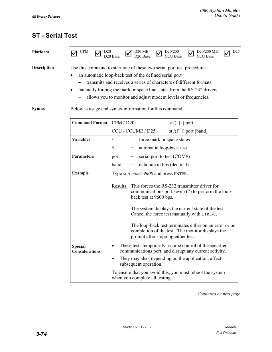 St - serial test, Serial test -74 | GE 68K System User Manual | Page 100 / 112
