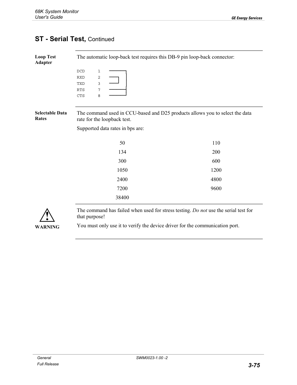 St - serial test | GE 68K System User Manual | Page 101 / 112