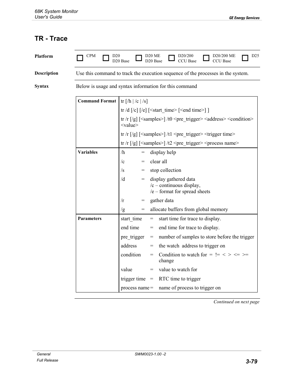 Tr - trace, Trace -79 | GE 68K System User Manual | Page 105 / 112