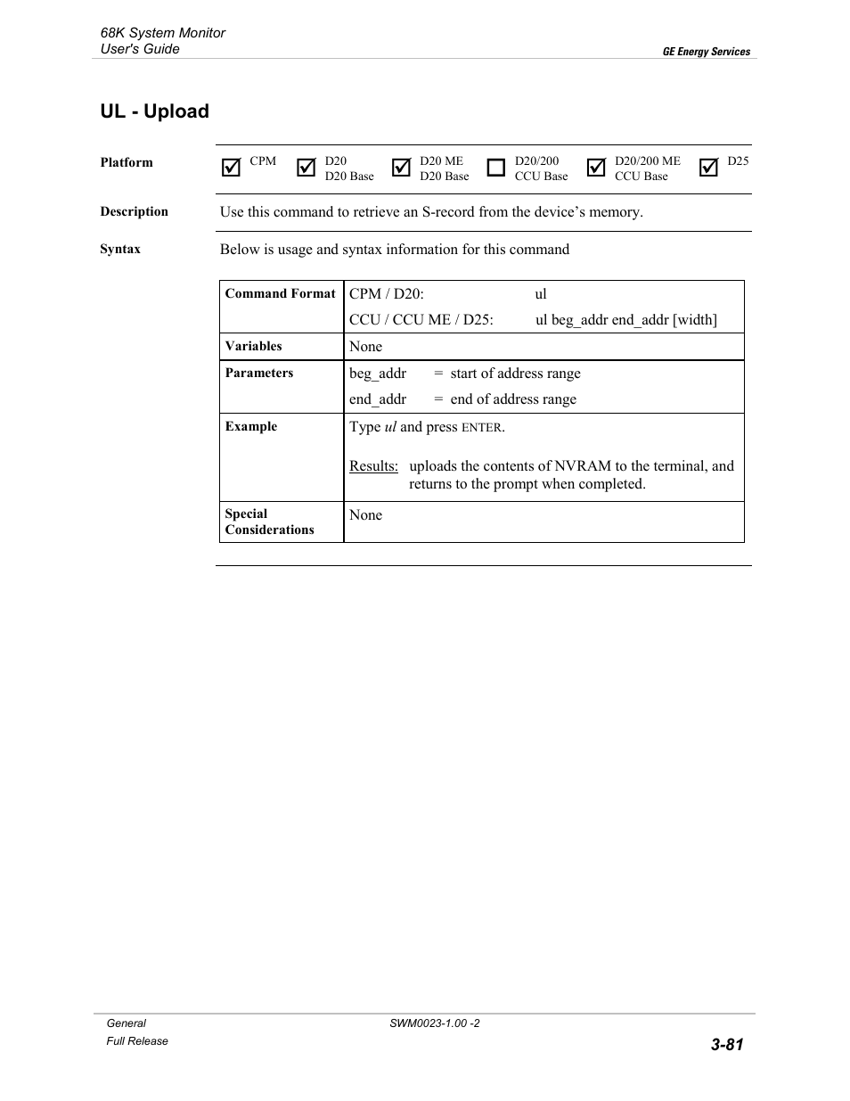Ul - upload, Upload -81 | GE 68K System User Manual | Page 107 / 112