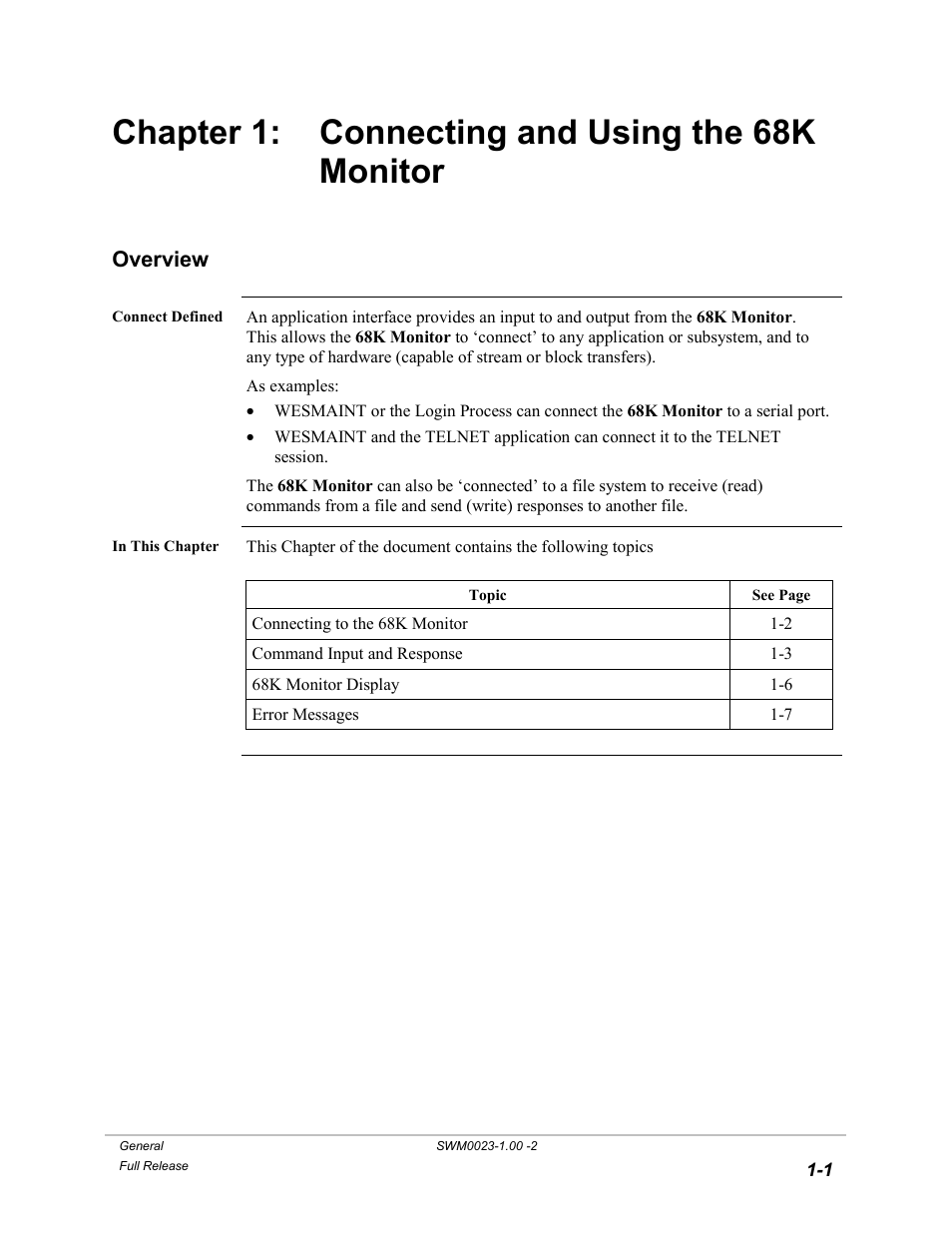 Connecting and using the 68k monitor, Chapter 1: connecting and using the 68k monitor | GE 68K System User Manual | Page 11 / 112