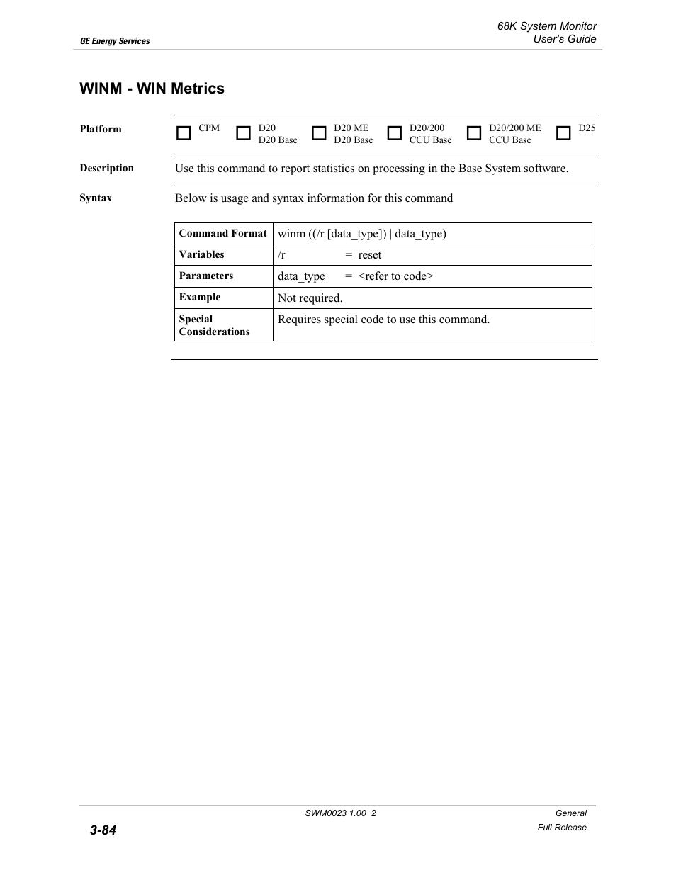 Winm - win metrics, Winm, Win metrics -84 | GE 68K System User Manual | Page 110 / 112