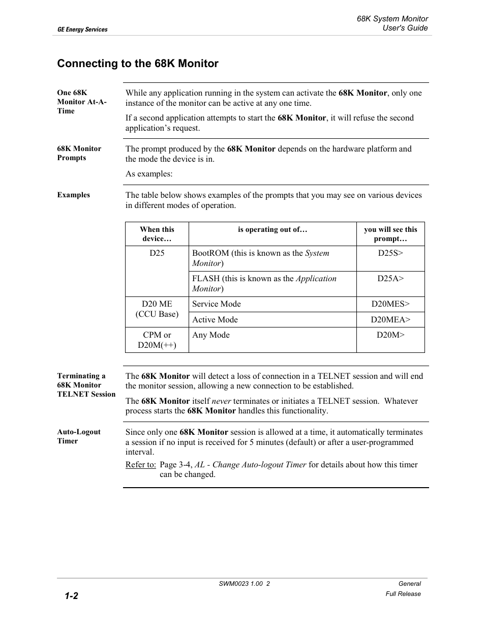 Connecting to the 68k monitor, Connecting to the 68k monitor -2 | GE 68K System User Manual | Page 12 / 112