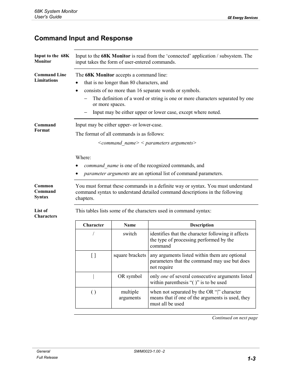 Command input and response, Command input and response -3 | GE 68K System User Manual | Page 13 / 112