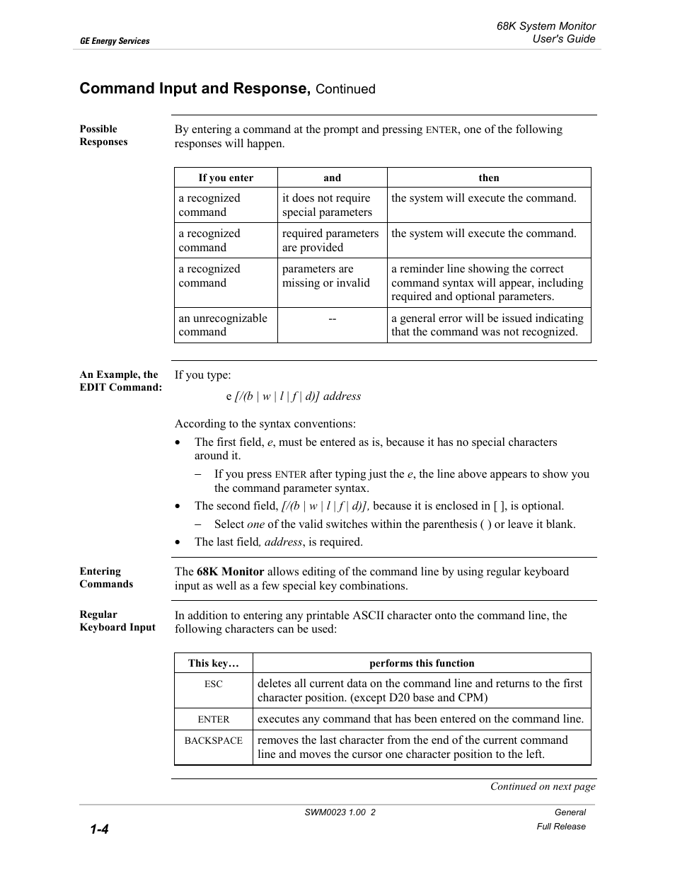 Command input and response | GE 68K System User Manual | Page 14 / 112