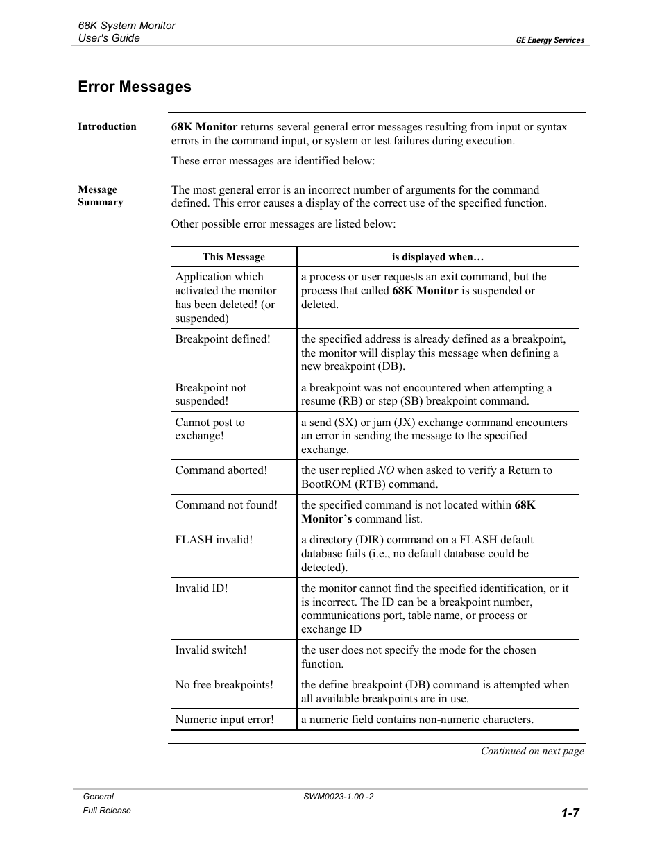 Error messages | GE 68K System User Manual | Page 17 / 112