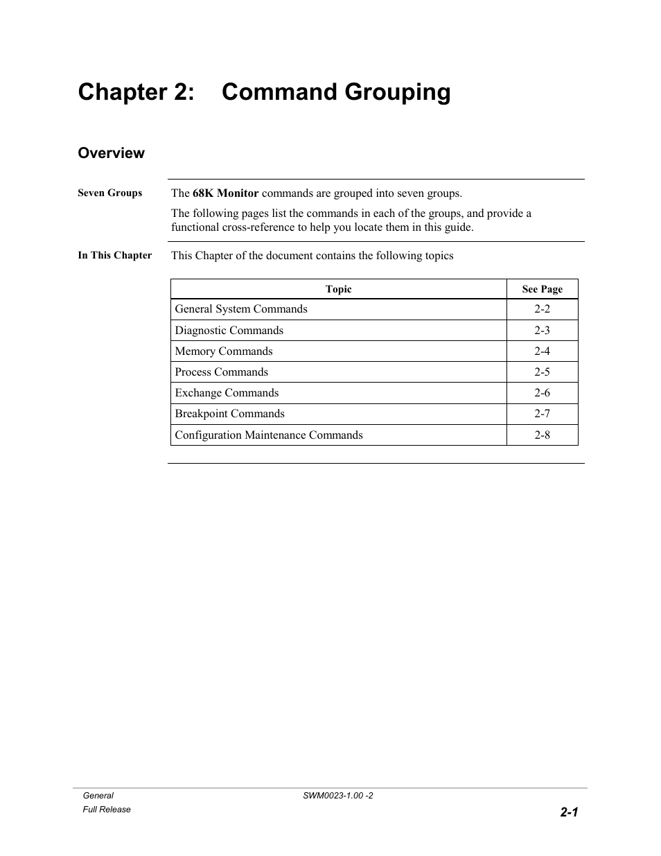 Command grouping, Chapter 2: command grouping, Overview | GE 68K System User Manual | Page 19 / 112