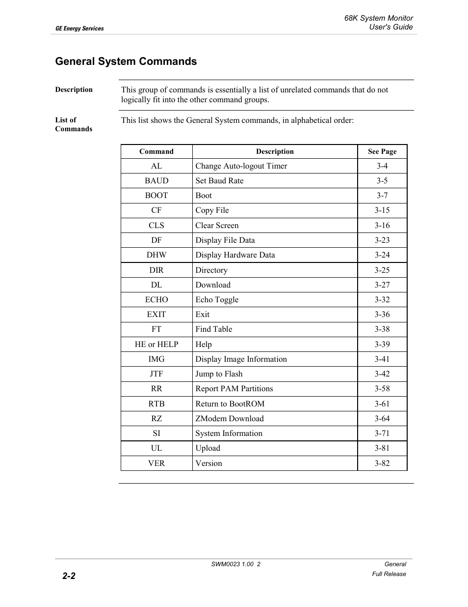General system commands, General system commands -2 | GE 68K System User Manual | Page 20 / 112
