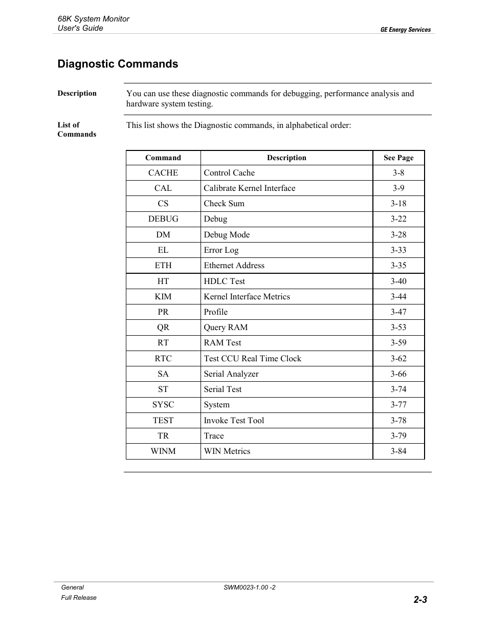 Diagnostic commands, Diagnostic commands -3 | GE 68K System User Manual | Page 21 / 112