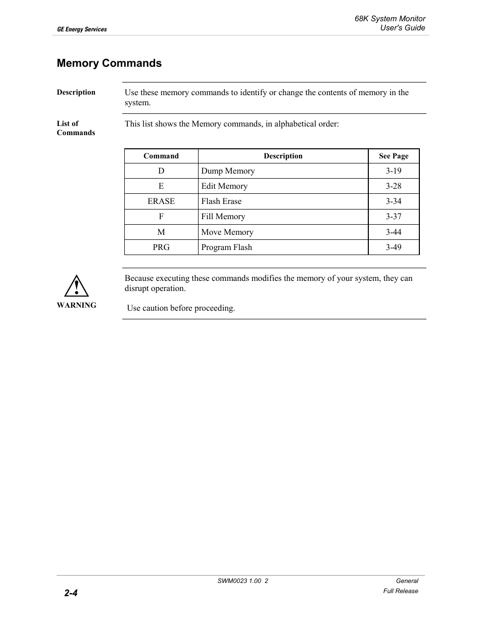 Memory commands, Memory commands -4 | GE 68K System User Manual | Page 22 / 112