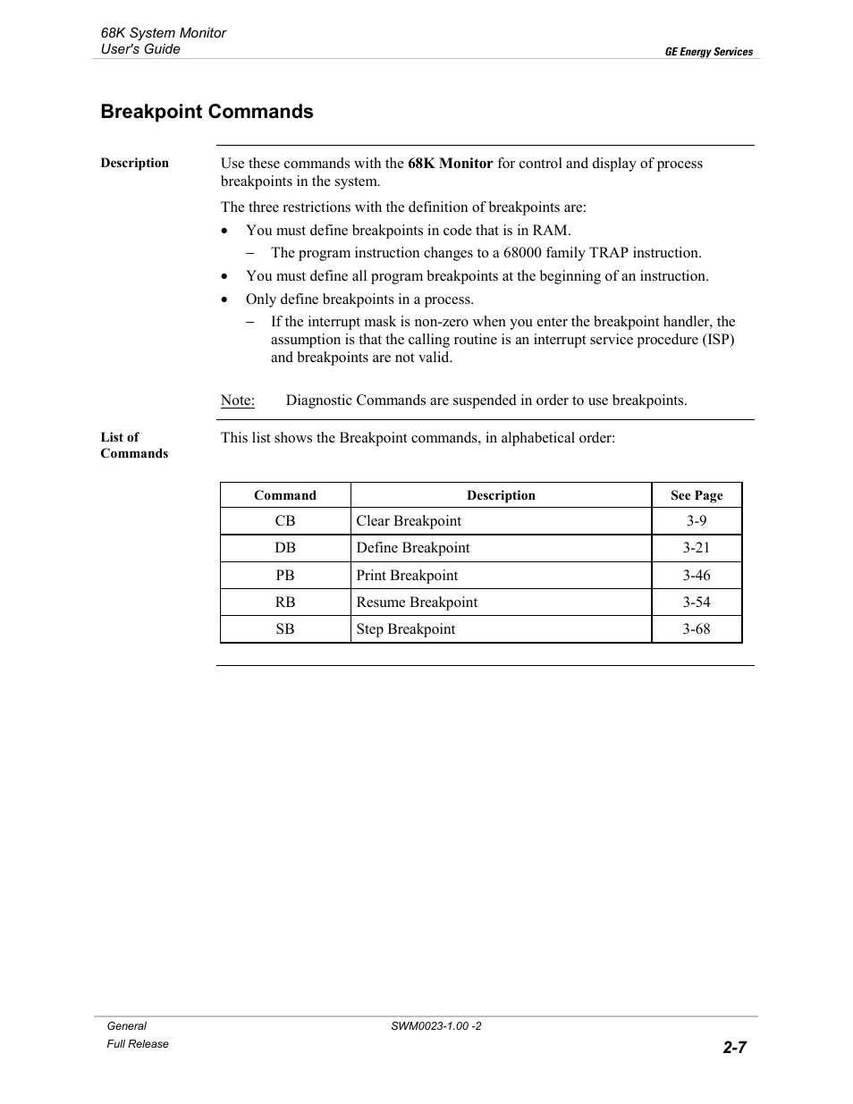 Breakpoint commands, Breakpoint commands -7 | GE 68K System User Manual | Page 25 / 112