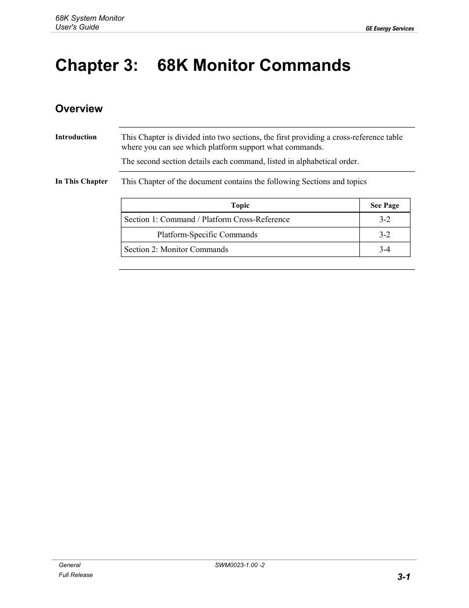 68k monitor commands, Chapter 3: 68k monitor commands, Overview | GE 68K System User Manual | Page 27 / 112