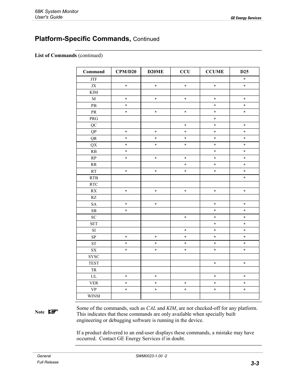 Platform-specific commands, Continued | GE 68K System User Manual | Page 29 / 112