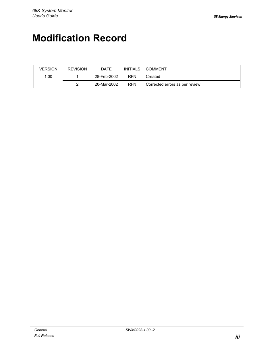 Modification record | GE 68K System User Manual | Page 3 / 112
