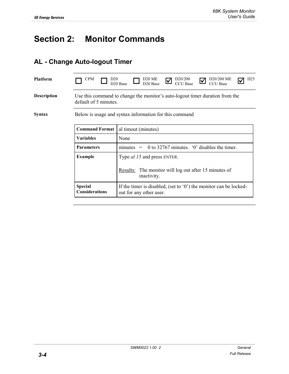 Monitor commands, Al - change auto-logout timer, Section 2: monitor commands -4 | Change auto-logout timer -4, Section 2: monitor commands | GE 68K System User Manual | Page 30 / 112