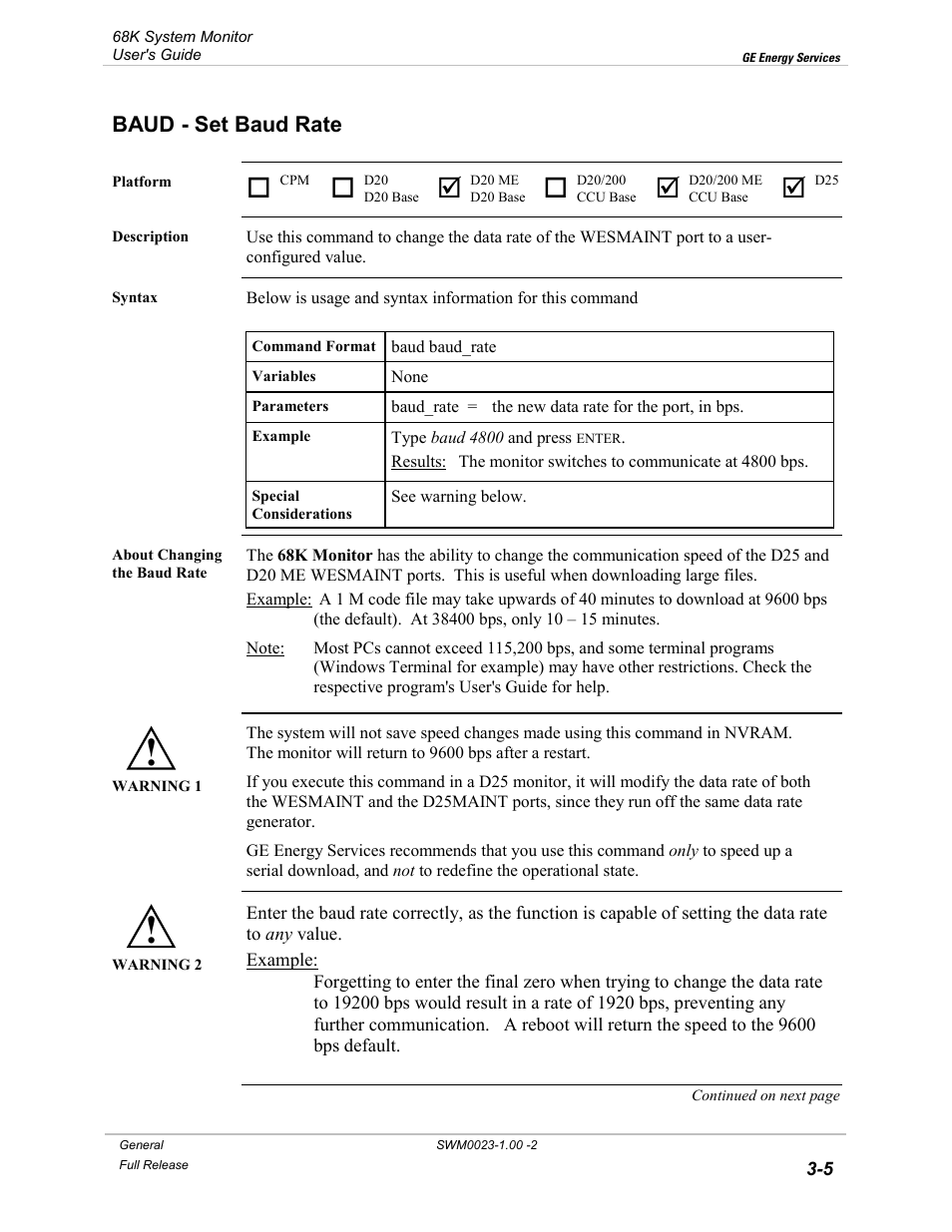 Baud - set baud rate, Baud, Set baud rate -5 | GE 68K System User Manual | Page 31 / 112