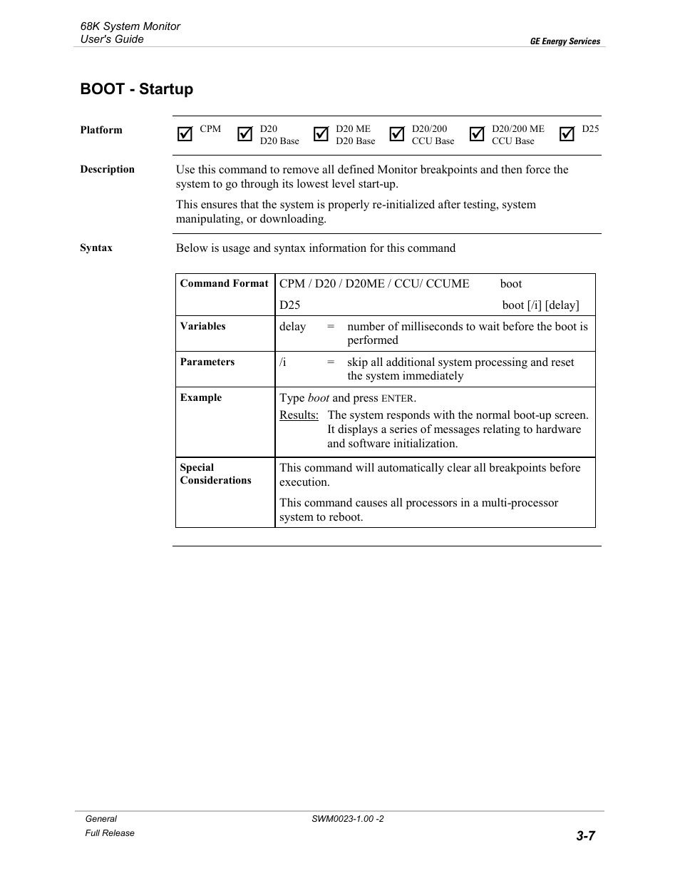 Boot - startup, Boot, Startup -7 | GE 68K System User Manual | Page 33 / 112