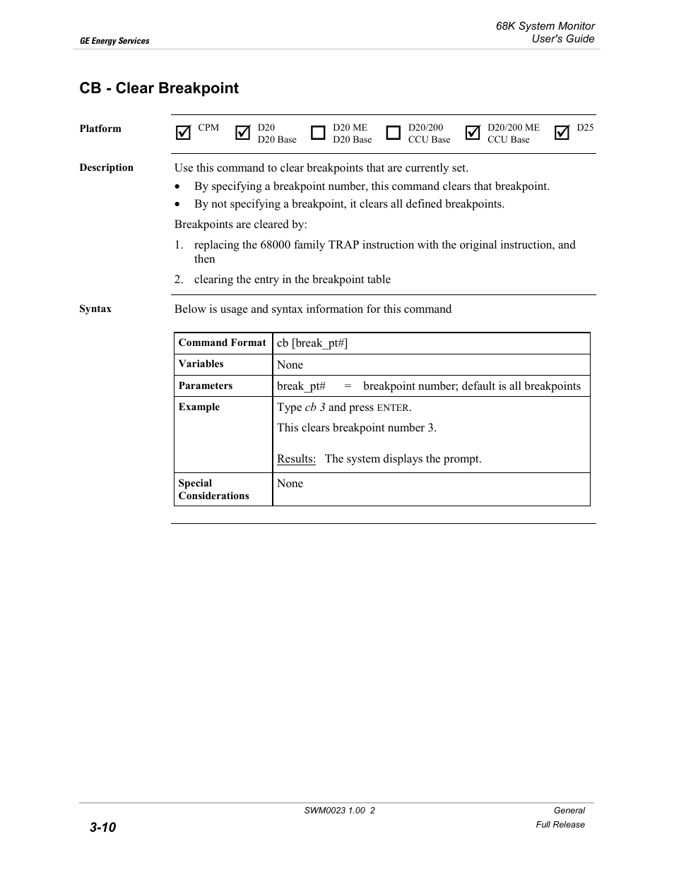 Cb - clear breakpoint, Clear breakpoint -10 | GE 68K System User Manual | Page 36 / 112