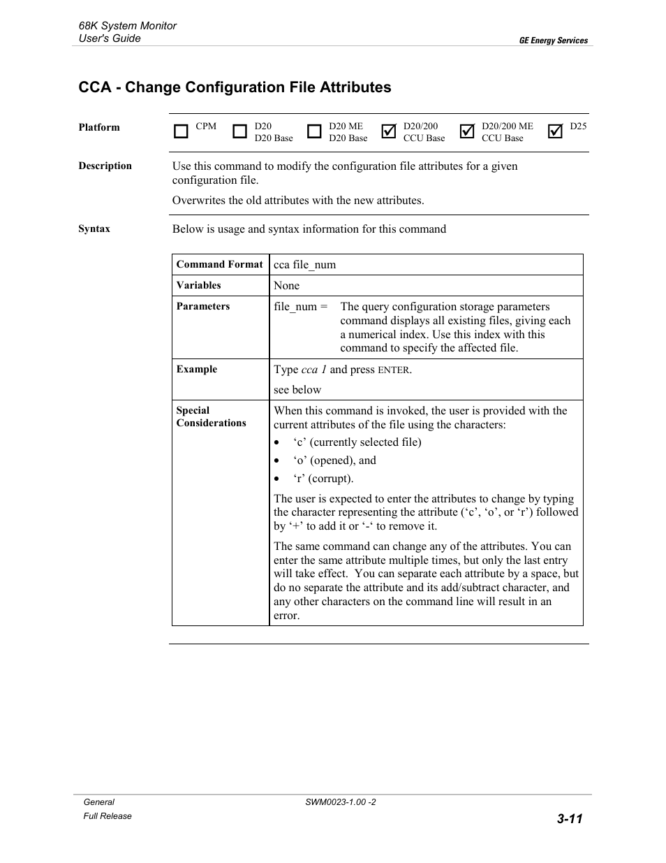 Cca - change configuration file attributes, Change configuration file attributes -11 | GE 68K System User Manual | Page 37 / 112