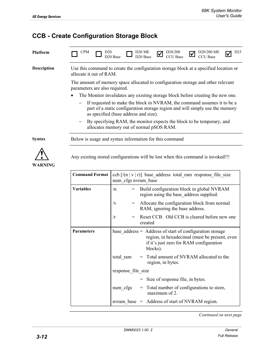 Ccb - create configuration storage block, Create configuration storage block -12 | GE 68K System User Manual | Page 38 / 112