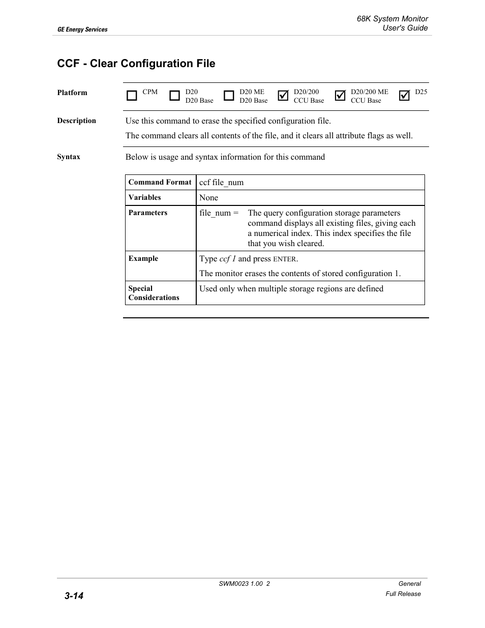 Ccf - clear configuration file, Clear configuration file -14 | GE 68K System User Manual | Page 40 / 112