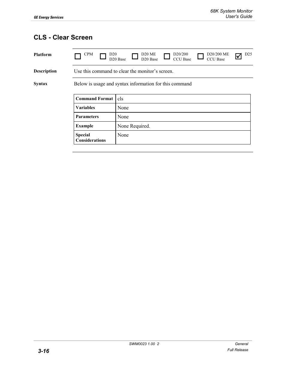 Cls - clear screen, Clear screen -16 | GE 68K System User Manual | Page 42 / 112