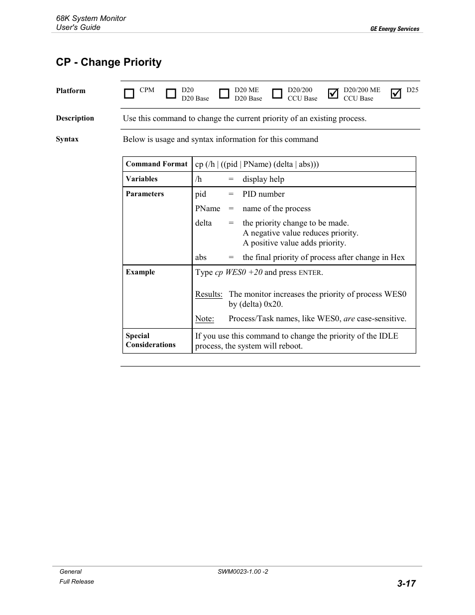 Cp - change priority, Change priority -17 | GE 68K System User Manual | Page 43 / 112