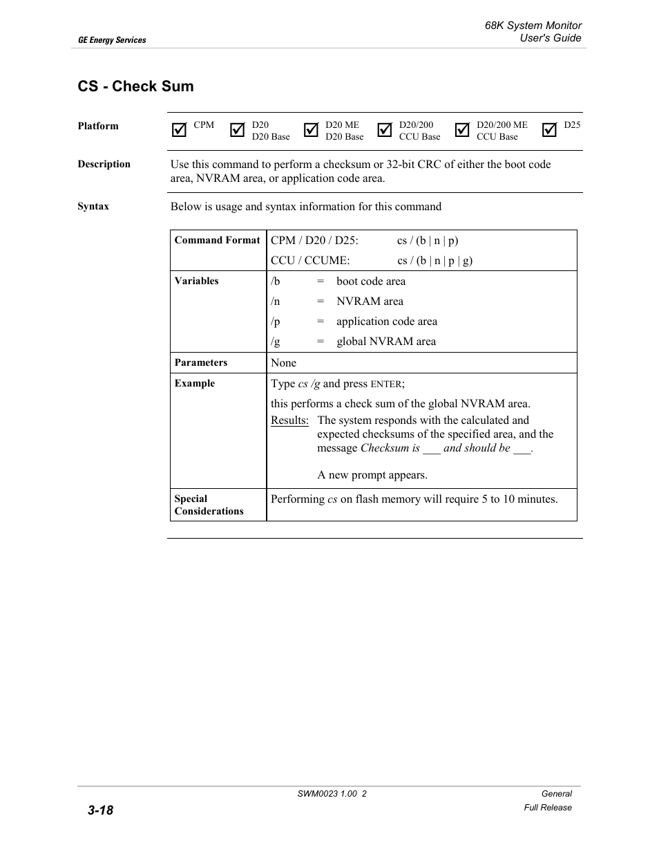 Cs - check sum, Check sum -18 | GE 68K System User Manual | Page 44 / 112