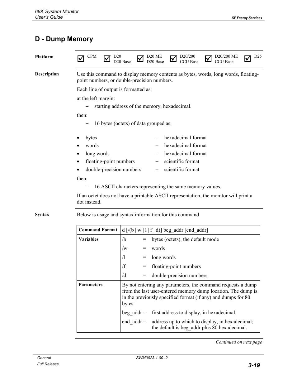 D - dump memory, Dump memory -19 | GE 68K System User Manual | Page 45 / 112
