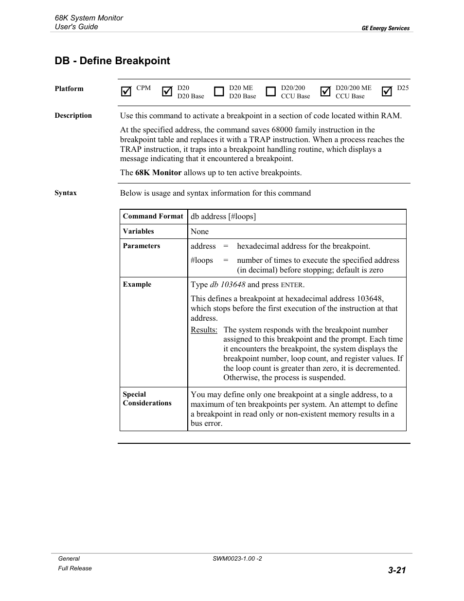 Db - define breakpoint, Define breakpoint -21 | GE 68K System User Manual | Page 47 / 112