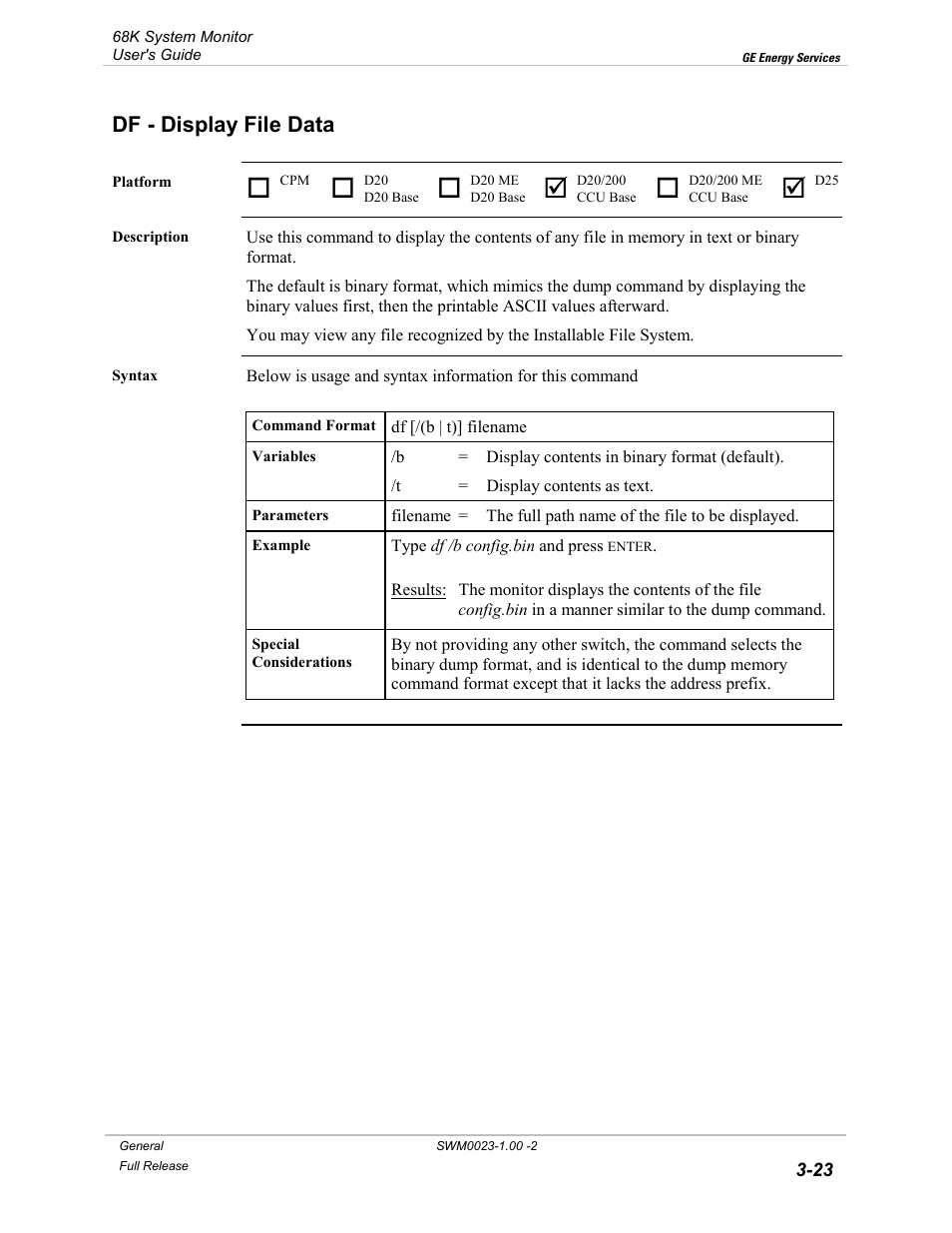 Df - display file data, Display file data -23 | GE 68K System User Manual | Page 49 / 112