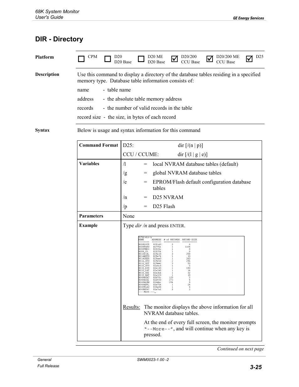 Dir - directory, Directory -25 | GE 68K System User Manual | Page 51 / 112