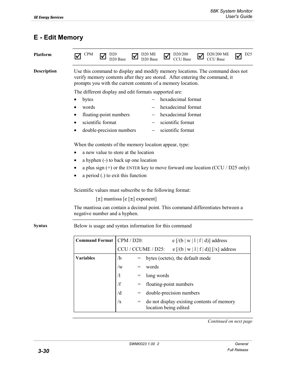 E - edit memory, Edit memory -30 | GE 68K System User Manual | Page 56 / 112
