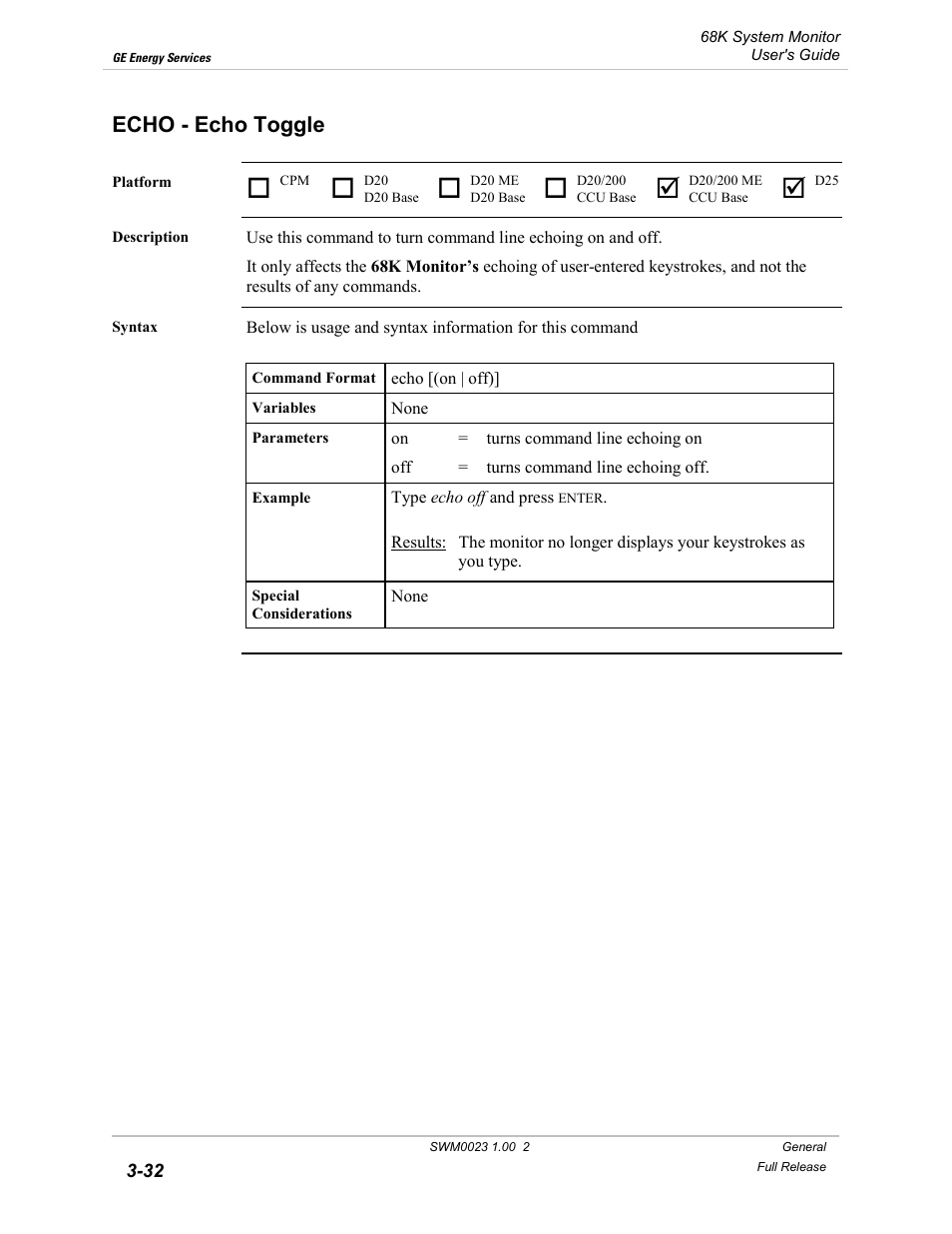 Echo - echo toggle, Echo, Echo toggle -32 | GE 68K System User Manual | Page 58 / 112