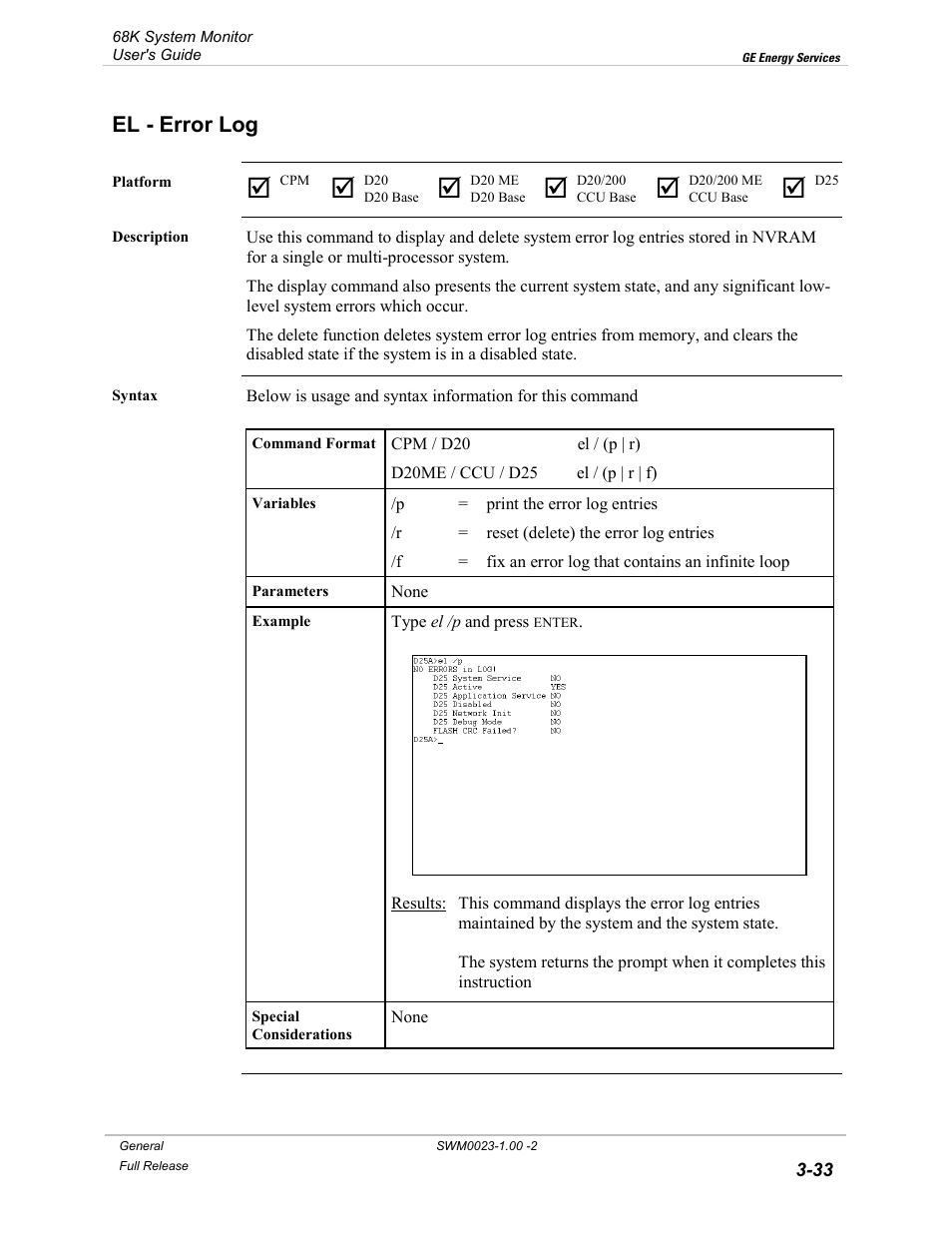 El - error log, Error log -33 | GE 68K System User Manual | Page 59 / 112