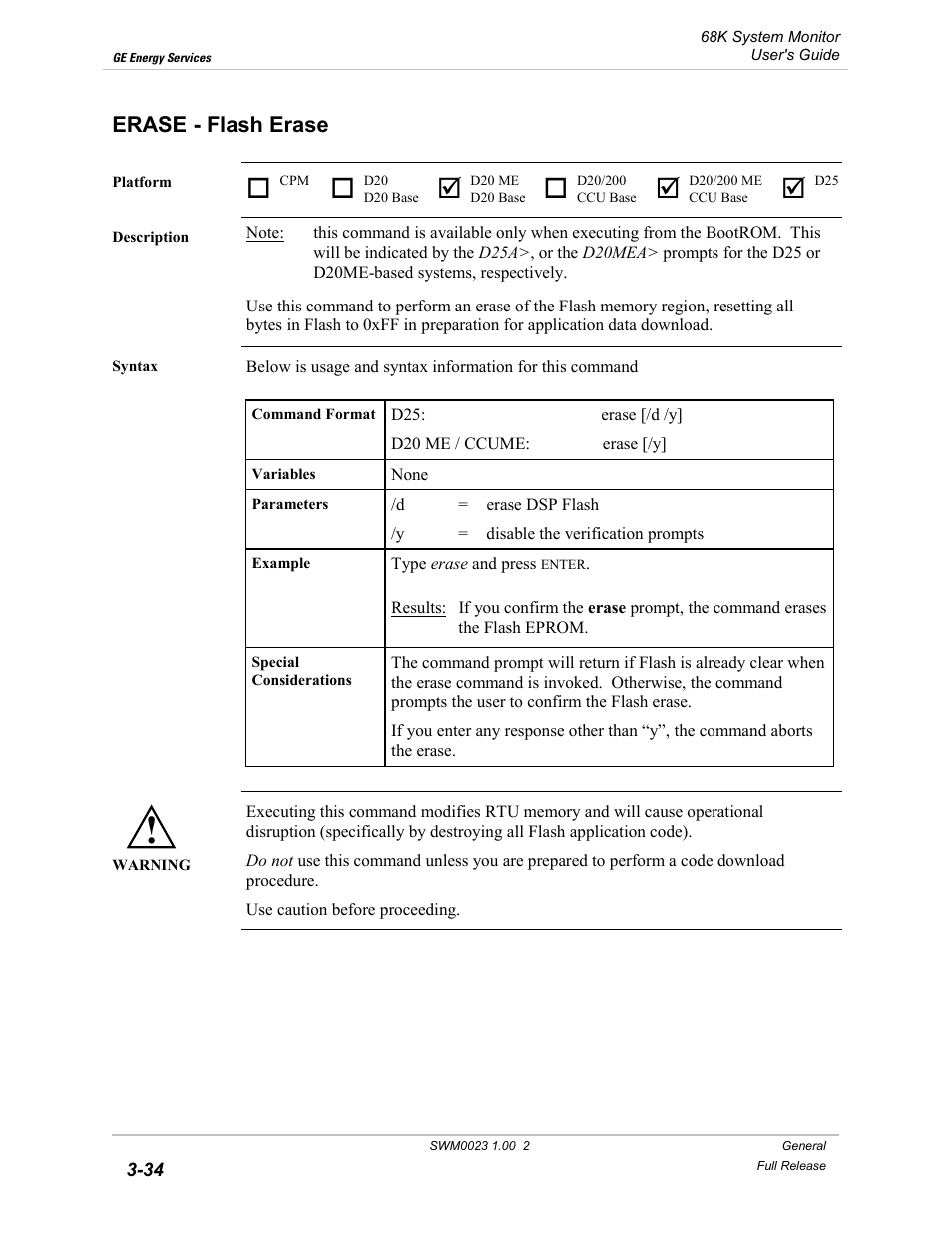 Erase - flash erase, Erase, Flash erase -34 | GE 68K System User Manual | Page 60 / 112