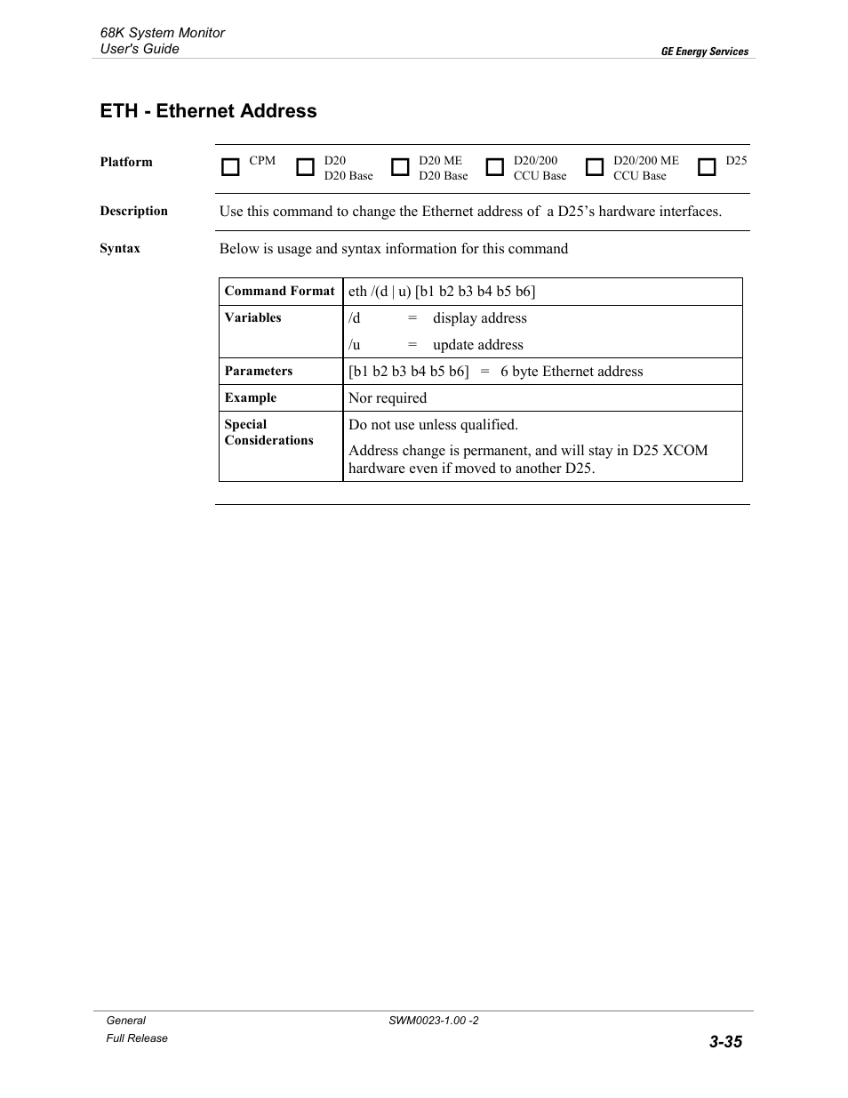 Eth - ethernet address, Ethernet address -35 | GE 68K System User Manual | Page 61 / 112