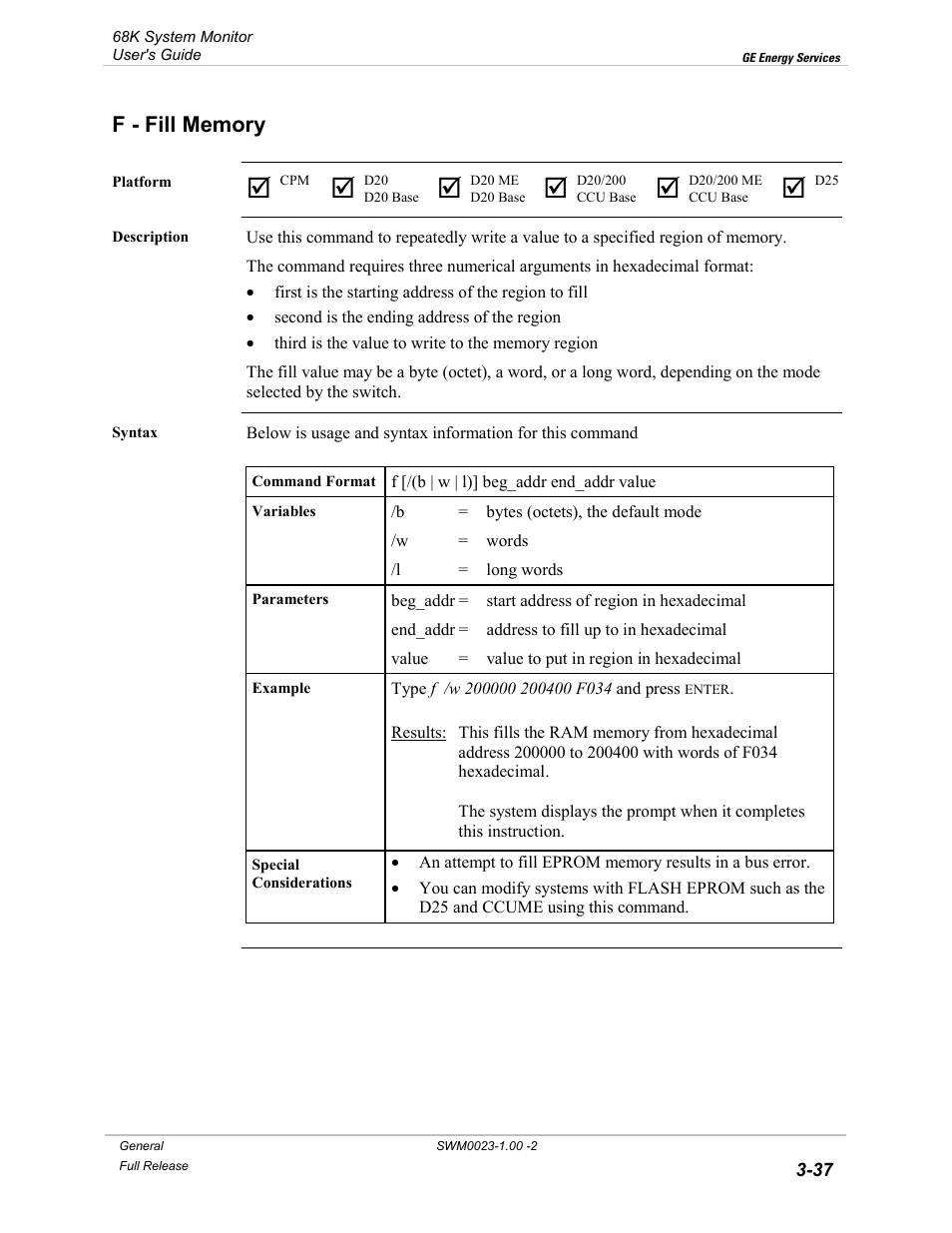 F - fill memory, Fill memory -37 | GE 68K System User Manual | Page 63 / 112