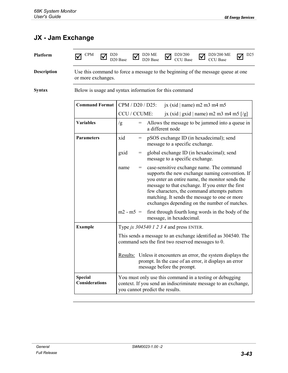 Jx - jam exchange, Jam exchange -43 | GE 68K System User Manual | Page 69 / 112