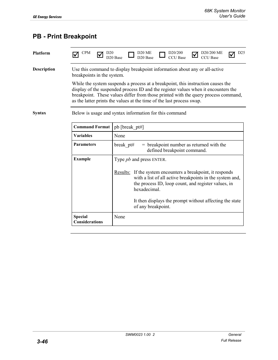 Pb - print breakpoint, Print breakpoint -46 | GE 68K System User Manual | Page 72 / 112