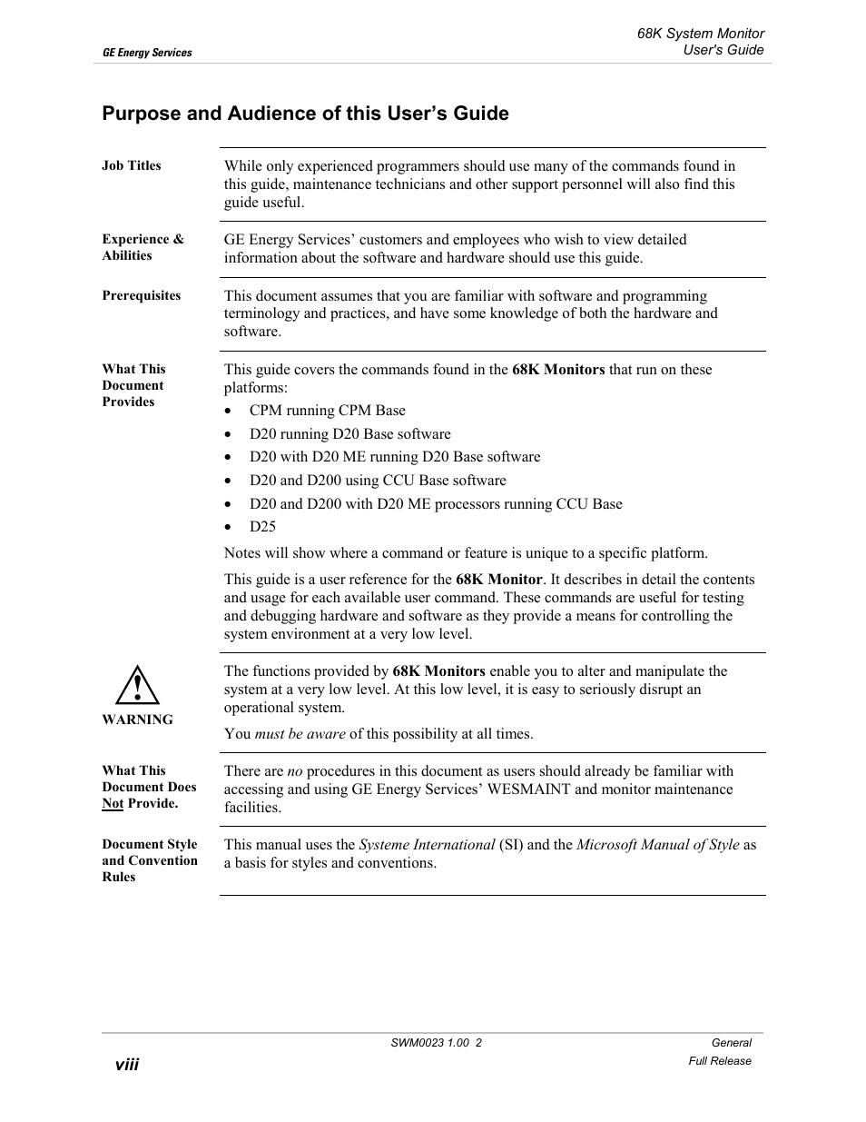 Purpose and audience of this user’s guide, Viii | GE 68K System User Manual | Page 8 / 112